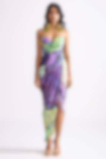 Green & Purple Habutai Daisy Printed Hand Draped Vacation Dress by Saaksha & Kinni at Pernia's Pop Up Shop