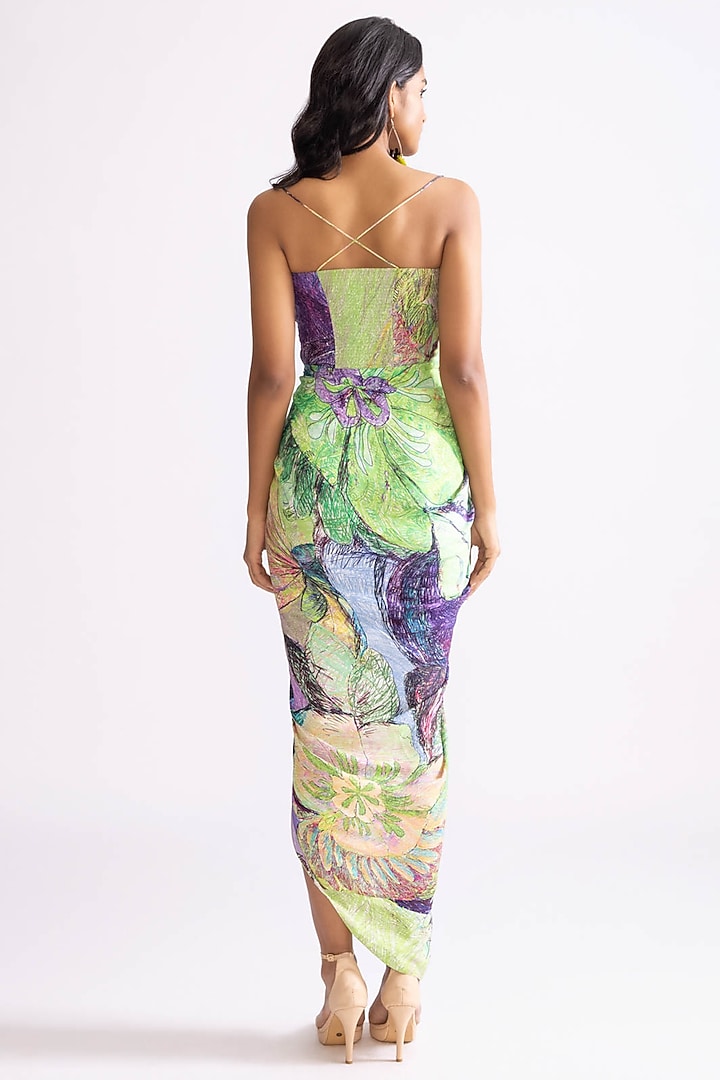 Green & Purple Habutai Daisy Printed Hand Draped Vacation Dress by Saaksha & Kinni at Pernia's Pop Up Shop