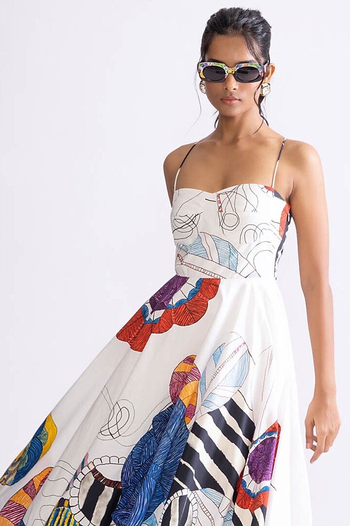 Ivory & Multi-Colored Cambric Tribal Printed Flared Vacation Dress by Saaksha & Kinni at Pernia's Pop Up Shop