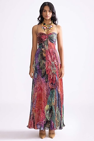 Multi-Colored Chiffon Daisy Printed Hand Micro Pleated Maxi Dress by Saaksha & Kinni