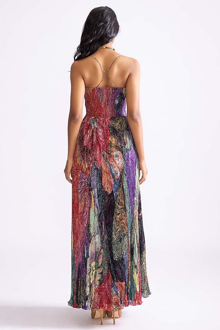 Multi-Colored Chiffon Daisy Printed Hand Micro Pleated Maxi Vacation Dress by Saaksha & Kinni at Pernia's Pop Up Shop