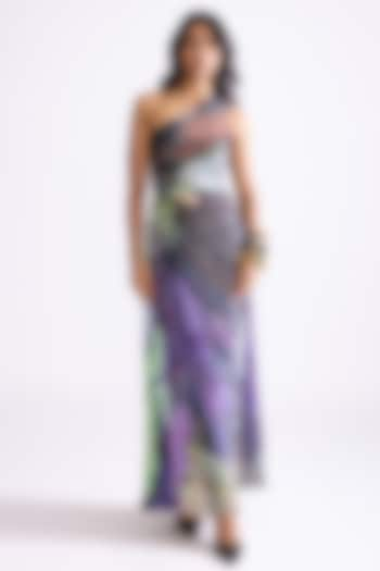 Multi-Colored Satin Printed Hand Micro Pleated One-Shoulder Maxi Dress by Saaksha & Kinni at Pernia's Pop Up Shop