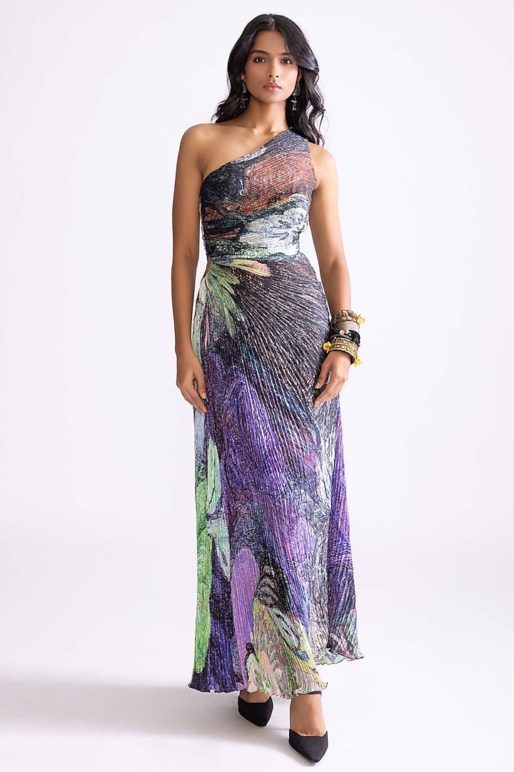 Multi-Colored Satin Printed Hand Micro Pleated One-Shoulder Maxi Dress by Saaksha & Kinni at Pernia's Pop Up Shop