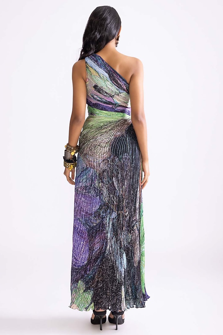 Multi-Colored Satin Printed Hand Micro Pleated One-Shoulder Maxi Vacation Dress by Saaksha & Kinni at Pernia's Pop Up Shop