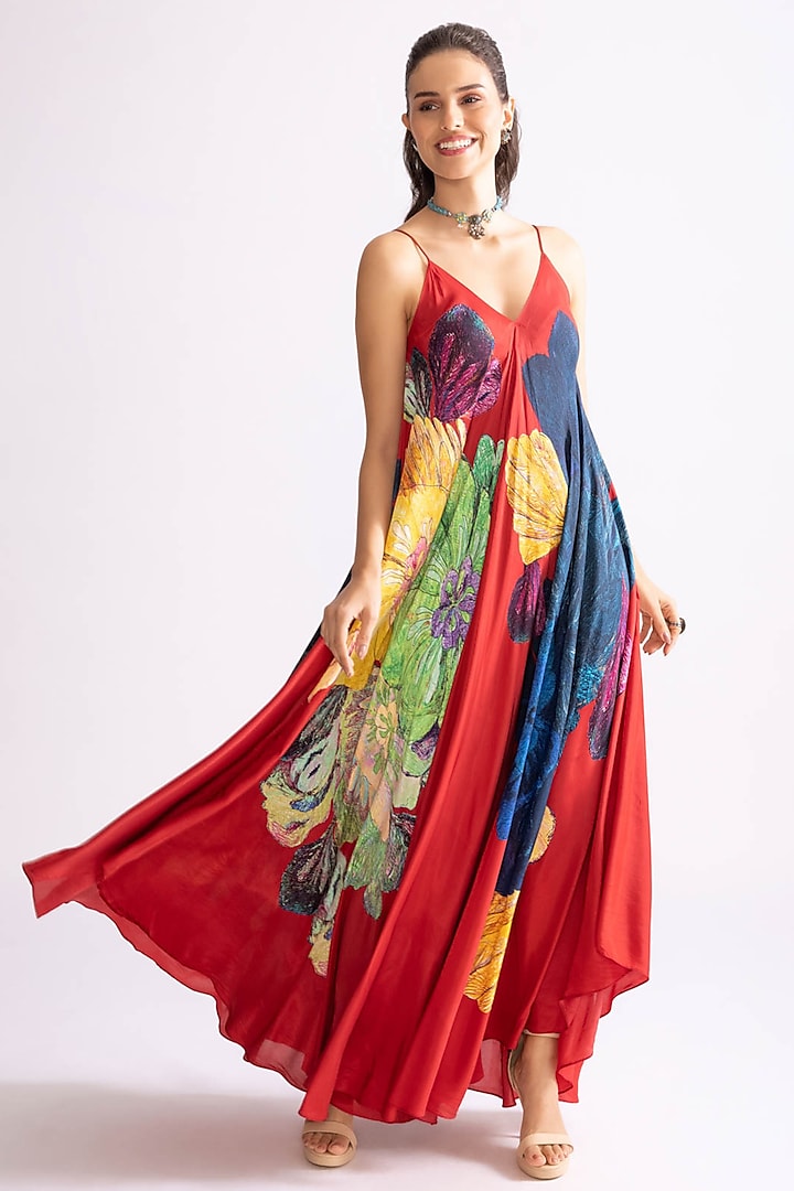 Deep Red & Multi-Colored Habutai Printed Asymmetrical Maxi Dress by Saaksha & Kinni at Pernia's Pop Up Shop