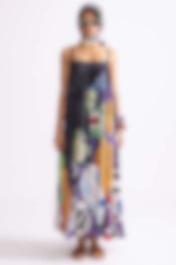 Black & Multi-Colored Natural Crepe Tribal Printed Flared Maxi Dress by Saaksha & Kinni at Pernia's Pop Up Shop