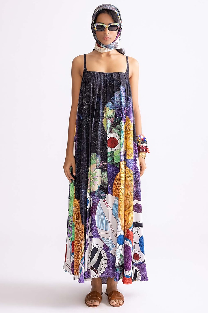 Black & Multi-Colored Natural Crepe Tribal Printed Flared Maxi Dress by Saaksha & Kinni at Pernia's Pop Up Shop