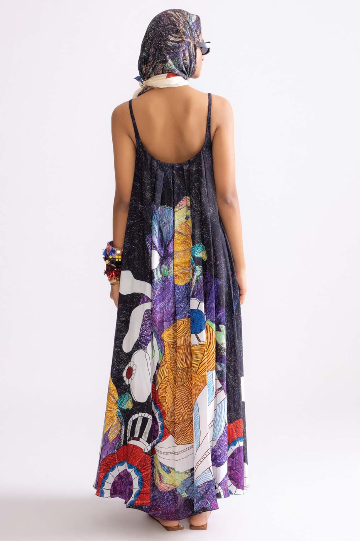 Black Multi-Colored Natural Crepe Tribal Printed Flared Maxi