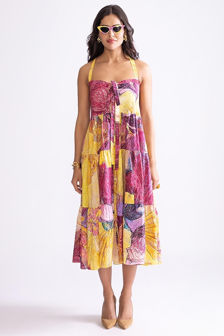 Yellow & Purple Cambric Daisy Printed Midi Vacation Dress by Saaksha & Kinni at Pernia's Pop Up Shop