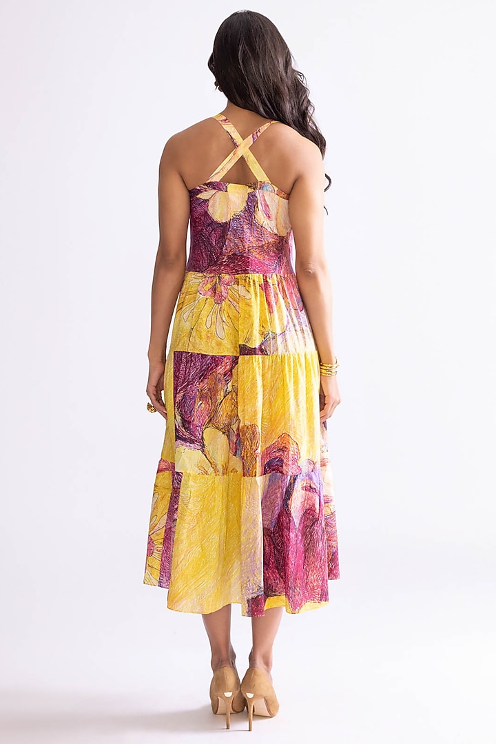 Yellow & Purple Cambric Daisy Printed Midi Vacation Dress by Saaksha & Kinni at Pernia's Pop Up Shop