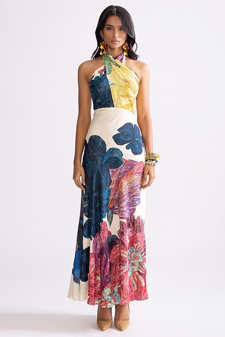 Multi-Colored Habutai Daisy Printed Maxi Dress by Saaksha & Kinni at Pernia's Pop Up Shop