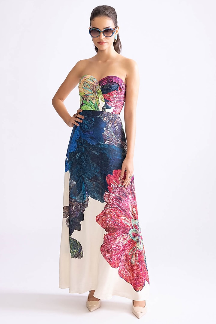 Multi-Colored Habutai Daisy Printed Draped Maxi Dress by Saaksha & Kinni at Pernia's Pop Up Shop