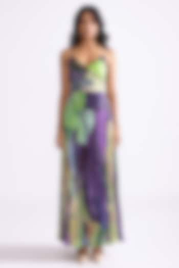 Green & Purple Chiffon Daisy Printed Hand Micro Pleated Maxi Dress by Saaksha & Kinni