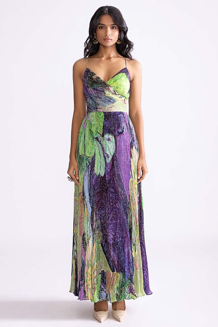 Green & Purple Chiffon Daisy Printed Hand Micro Pleated Maxi Dress by Saaksha & Kinni