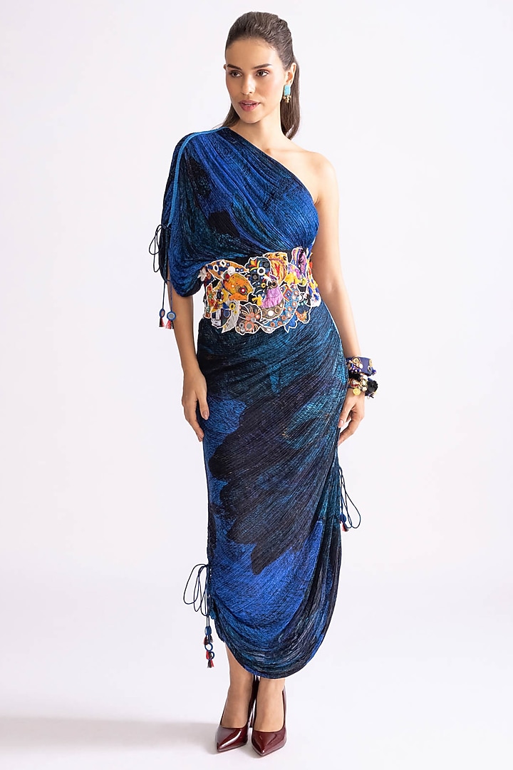 Blue Cotton Silk Printed One-Shoulder Hand Micro Pleated Cocktail Dress by Saaksha & Kinni at Pernia's Pop Up Shop