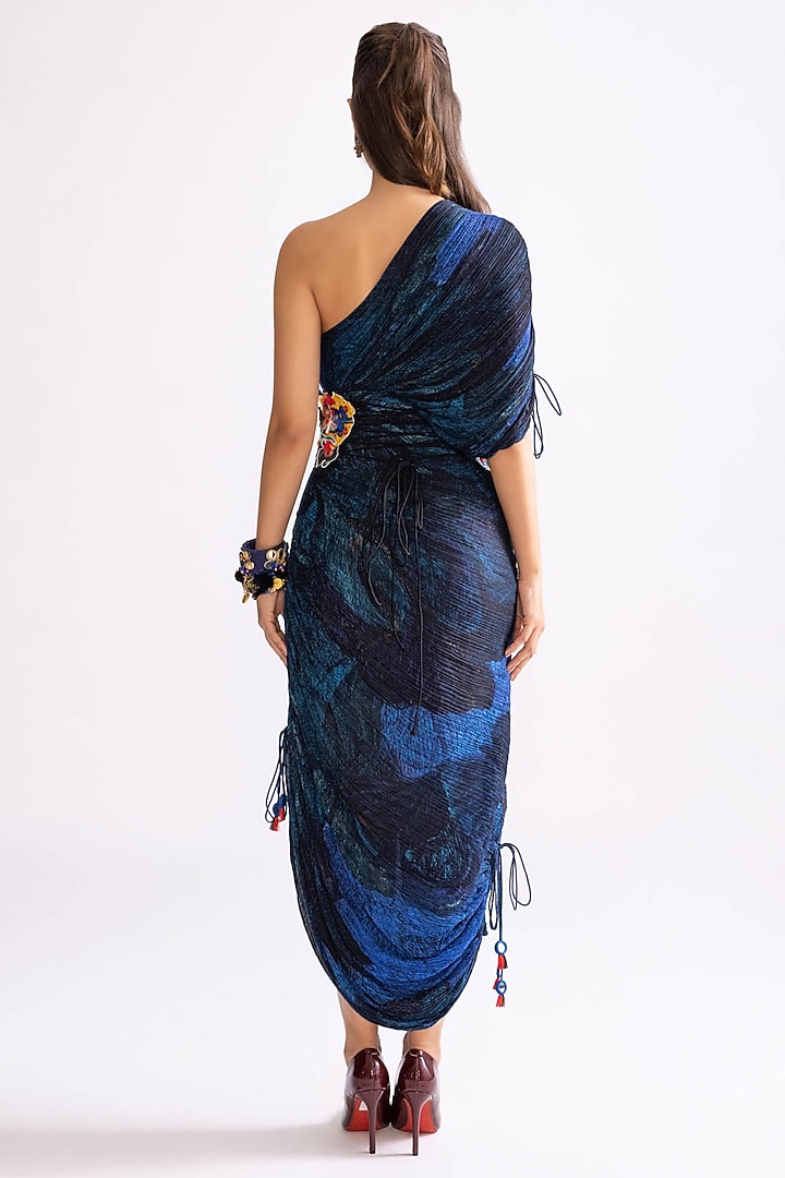 Blue Cotton Silk Printed One-Shoulder Hand Micro Pleated Cocktail Dress by Saaksha & Kinni at Pernia's Pop Up Shop