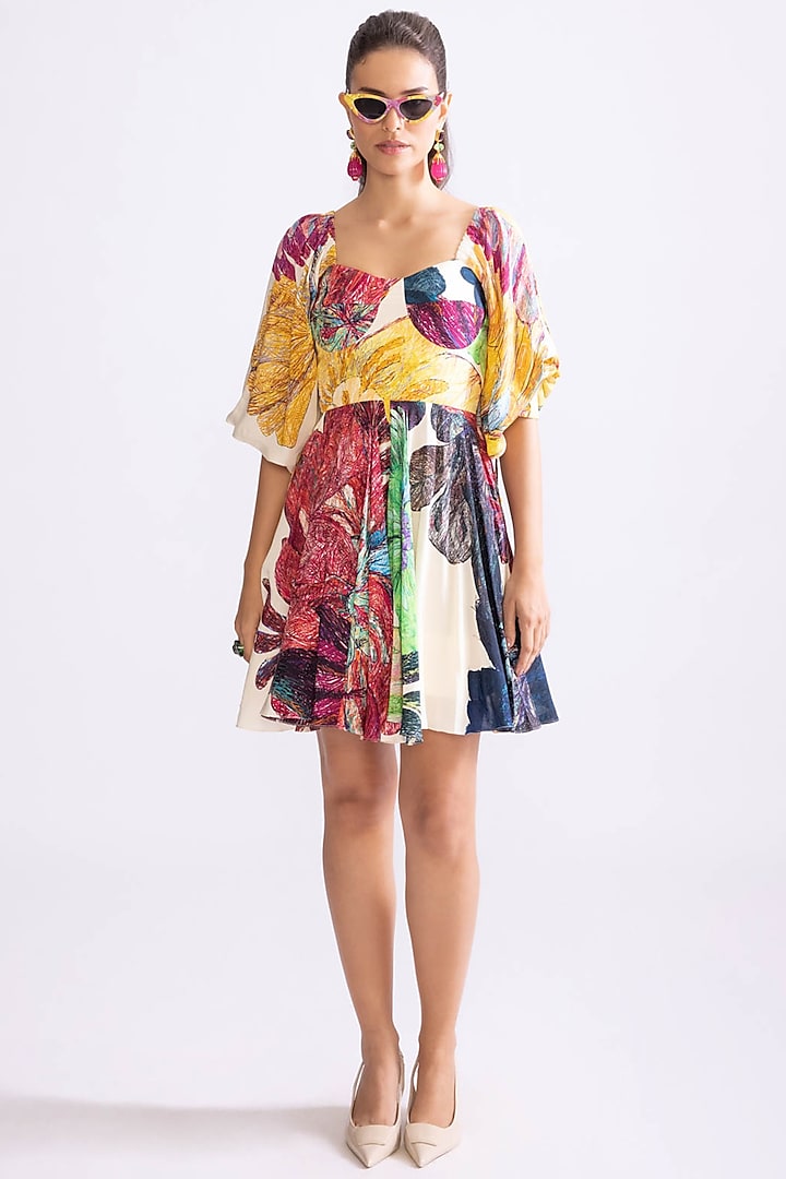 Multi-Colored Habutai Daisy Printed Mini Flared Dress by Saaksha & Kinni at Pernia's Pop Up Shop