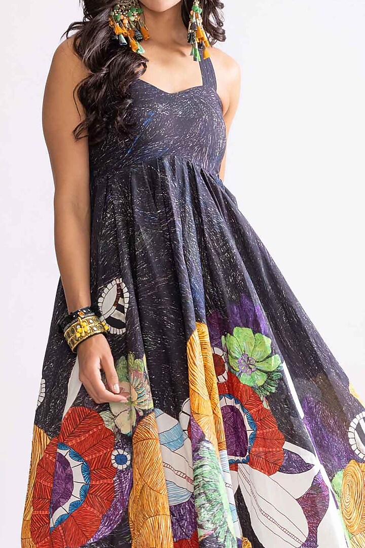 Black & Multi-Colored Cambric Tribal Printed Midi Vacation Dress by Saaksha & Kinni at Pernia's Pop Up Shop