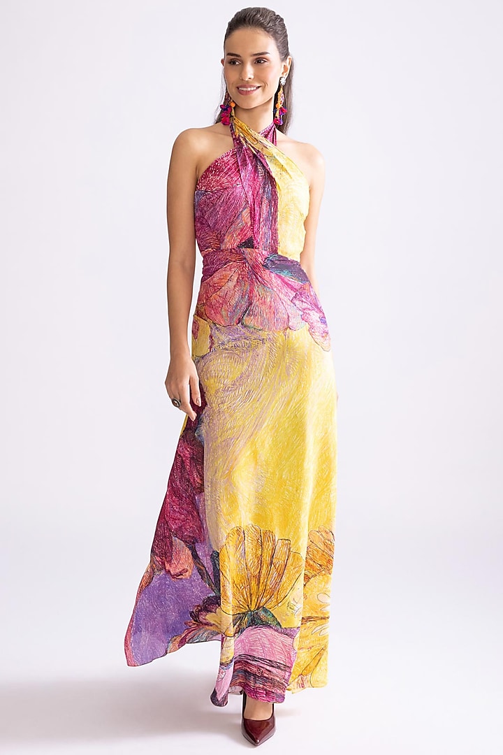 Yellow & Purple Habutai Daisy Printed Maxi Dress by Saaksha & Kinni at Pernia's Pop Up Shop