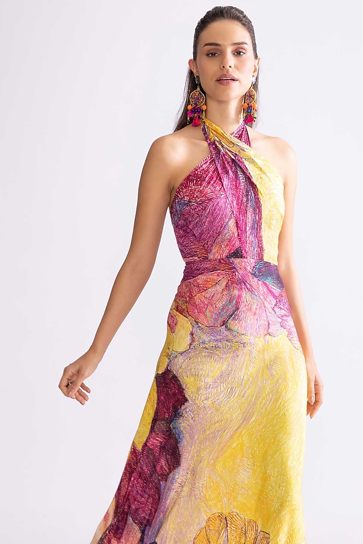 Yellow & Purple Habutai Daisy Printed Maxi Vacation Dress by Saaksha & Kinni at Pernia's Pop Up Shop