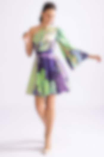 Green & Purple Habutai Daisy Printed Mini Flared Dress by Saaksha & Kinni at Pernia's Pop Up Shop