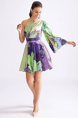 Green & Purple Habutai Daisy Printed Mini Flared Dress by Saaksha & Kinni