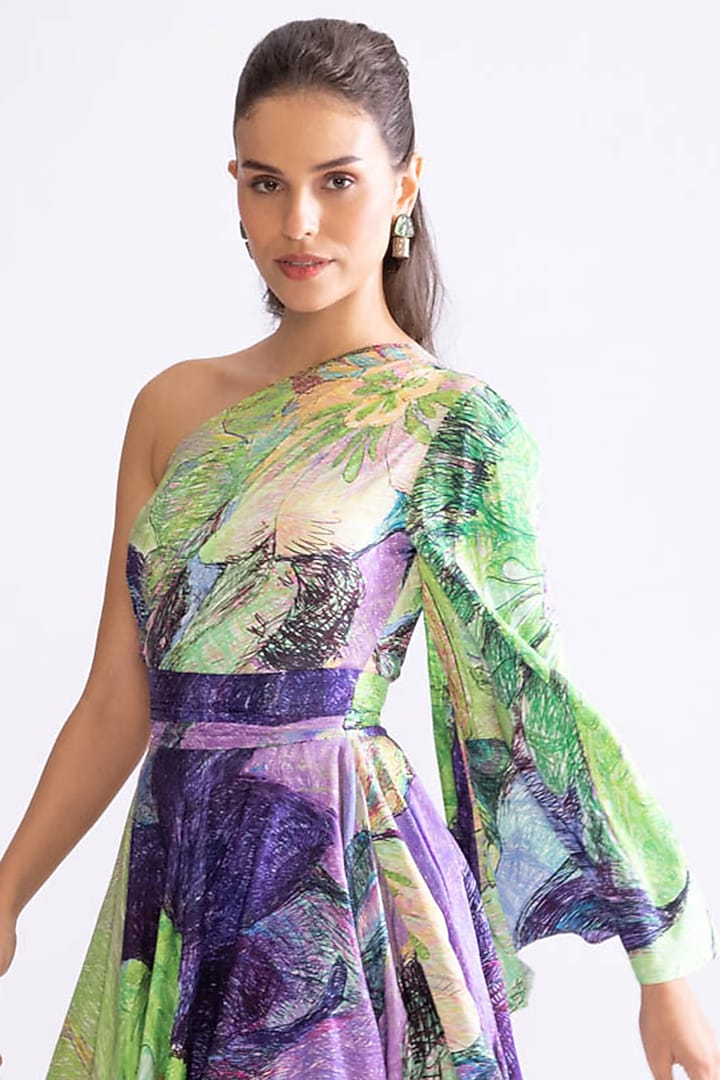 Green & Purple Habutai Daisy Printed Mini Flared Vacation Dress by Saaksha & Kinni at Pernia's Pop Up Shop