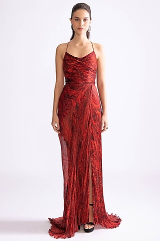 Red Chiffon Hand Micro Pleated Wave Printed Maxi Dress by Saaksha & Kinni