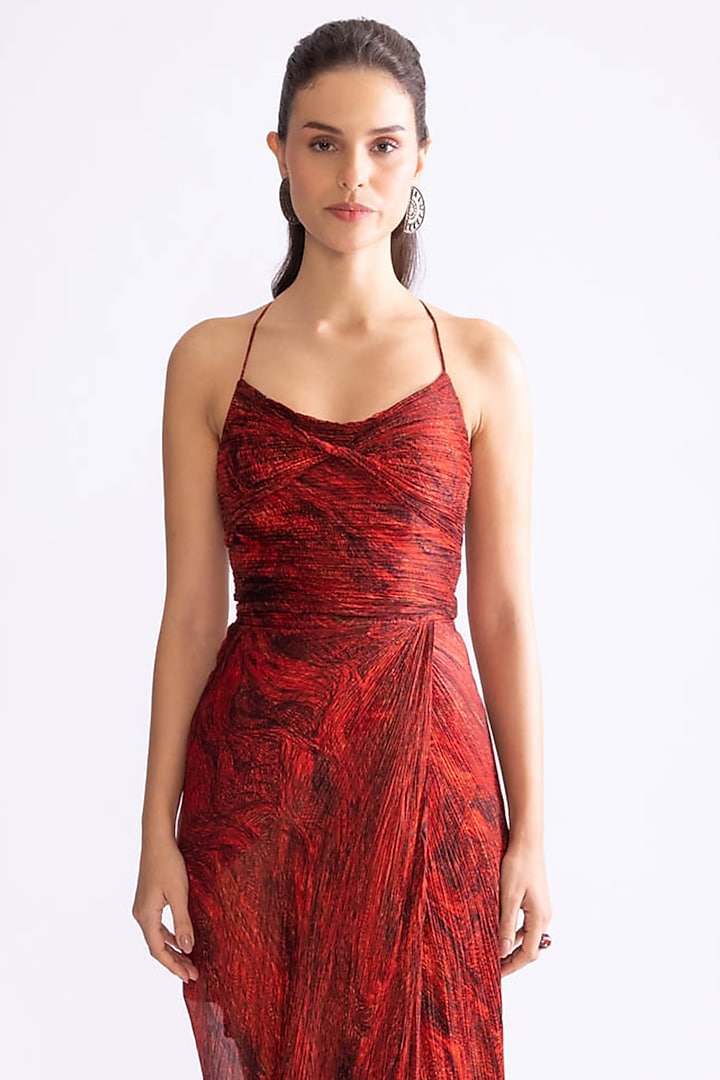 Red Chiffon Hand Micro Pleated Wave Printed Maxi Vacation Dress by Saaksha & Kinni at Pernia's Pop Up Shop