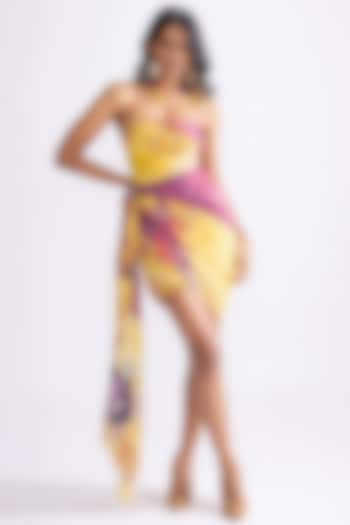 Yellow & Purple Habutai Daisy Printed Strapless Mini Draped Dress by Saaksha & Kinni at Pernia's Pop Up Shop