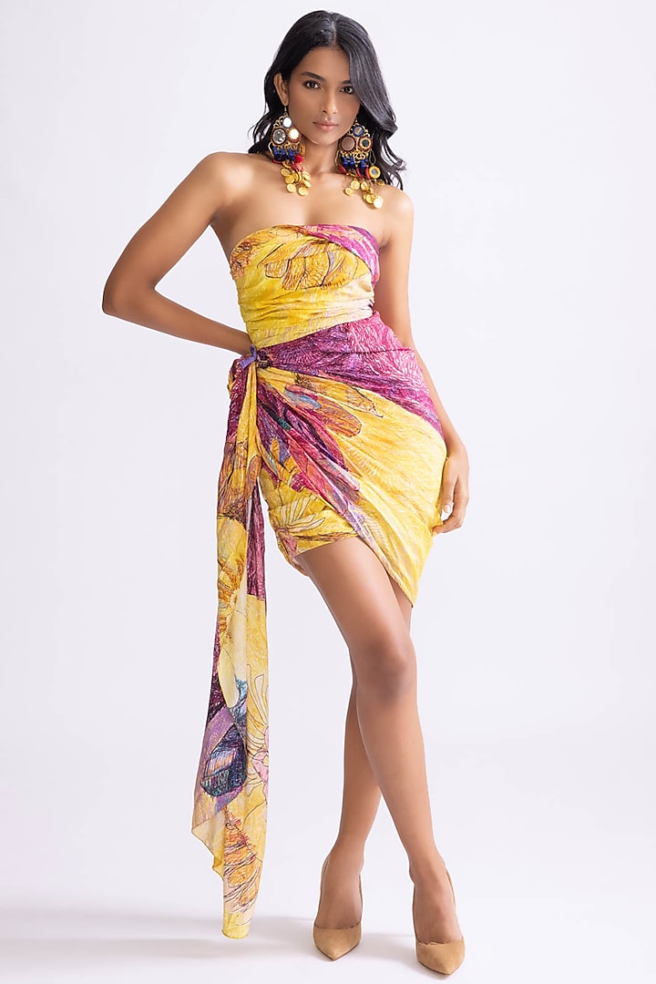 Yellow & Purple Habutai Daisy Printed Strapless Mini Draped Dress by Saaksha & Kinni at Pernia's Pop Up Shop