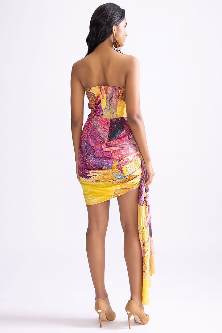 Yellow & Purple Habutai Daisy Printed Strapless Mini Draped Vacation Dress by Saaksha & Kinni at Pernia's Pop Up Shop