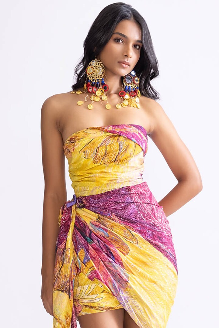 Yellow & Purple Habutai Daisy Printed Strapless Mini Draped Vacation Dress by Saaksha & Kinni at Pernia's Pop Up Shop