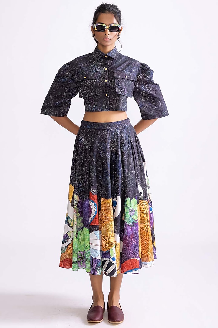 Black & Multi-Colored Cambric Tribal Printed Skirt Set by Saaksha & Kinni at Pernia's Pop Up Shop