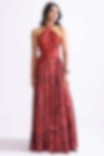 Red Habutai & Poly Chiffon Wave Printed Hand Micro Pleated Maxi Dress by Saaksha & Kinni at Pernia's Pop Up Shop