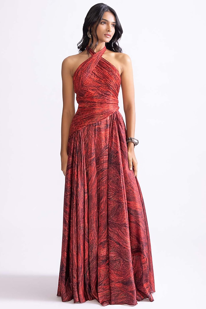 Red Habutai & Poly Chiffon Wave Printed Hand Micro Pleated Maxi Dress by Saaksha & Kinni at Pernia's Pop Up Shop