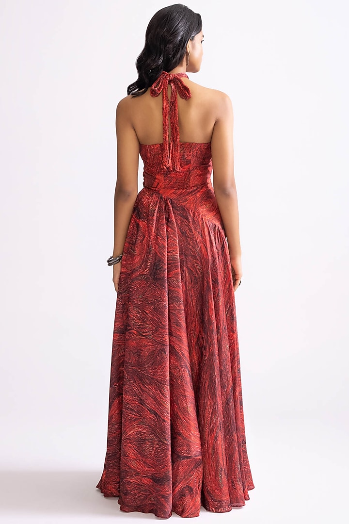 Red Habutai & Poly Chiffon Wave Printed Hand Micro Pleated Maxi Cocktail Dress by Saaksha & Kinni at Pernia's Pop Up Shop