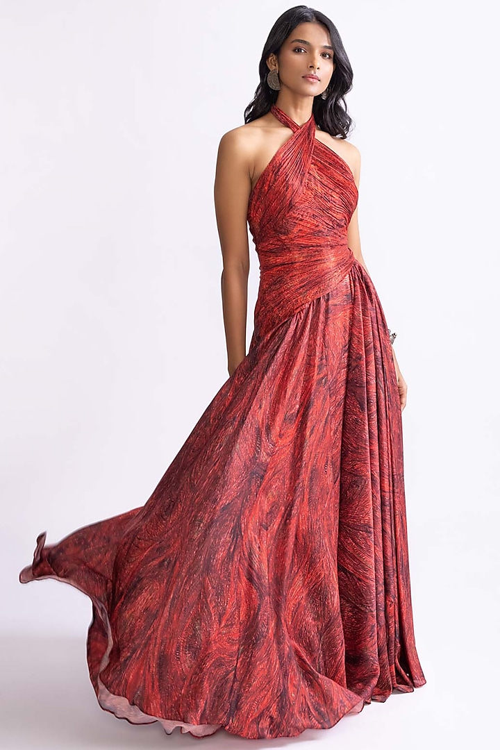 Red Habutai & Poly Chiffon Wave Printed Hand Micro Pleated Maxi Cocktail Dress by Saaksha & Kinni at Pernia's Pop Up Shop
