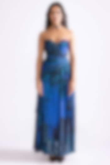 Blue Habutai Daisy Printed Hand Pleated Strapless Maxi Dress by Saaksha & Kinni at Pernia's Pop Up Shop