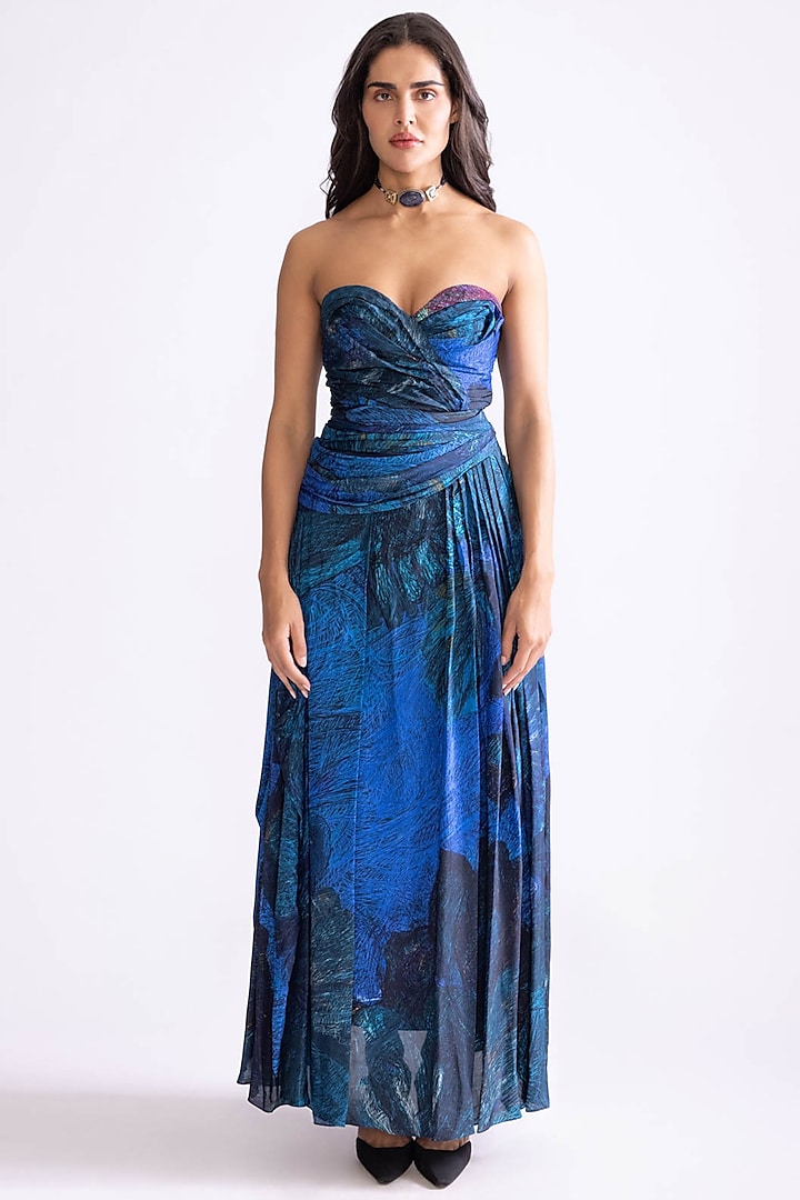 Blue Habutai Daisy Printed Hand Pleated Strapless Maxi Dress by Saaksha & Kinni at Pernia's Pop Up Shop