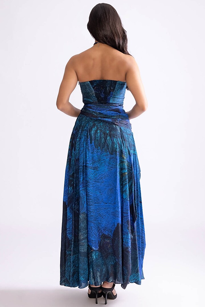 Blue Habutai Daisy Printed Hand Pleated Strapless Maxi Cocktail Dress by Saaksha & Kinni at Pernia's Pop Up Shop