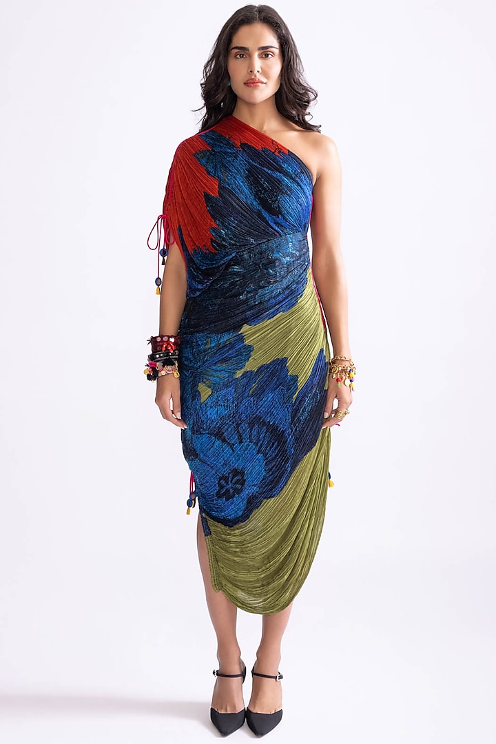 Multi-Colored Cotton Silk Daisy Printed Hand Micro Pleated One-Shoulder Dress by Saaksha & Kinni at Pernia's Pop Up Shop