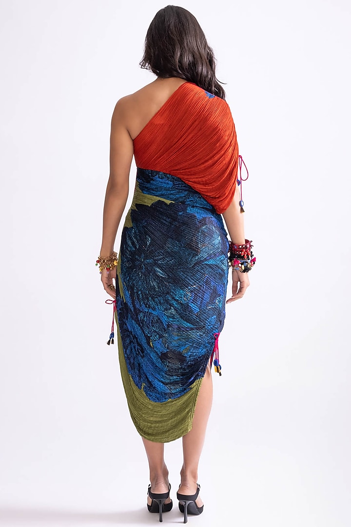 Multi-Colored Cotton Silk Daisy Printed Hand Micro Pleated One-Shoulder Vacation Dress by Saaksha & Kinni at Pernia's Pop Up Shop