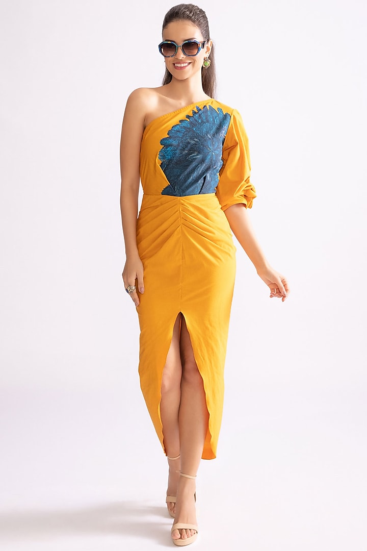 Mustard & Blue Cambric Daisy Printed One-Shoulder Dress by Saaksha & Kinni at Pernia's Pop Up Shop