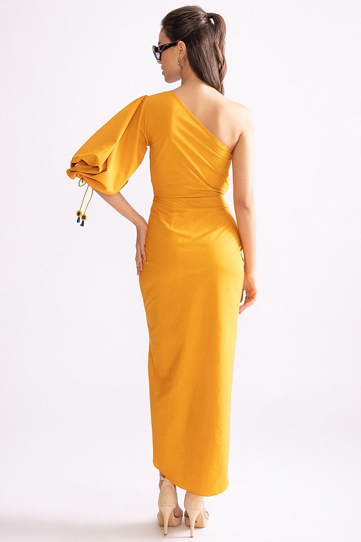 Mustard & Blue Cambric Daisy Printed One-Shoulder Summer Dress by Saaksha & Kinni at Pernia's Pop Up Shop