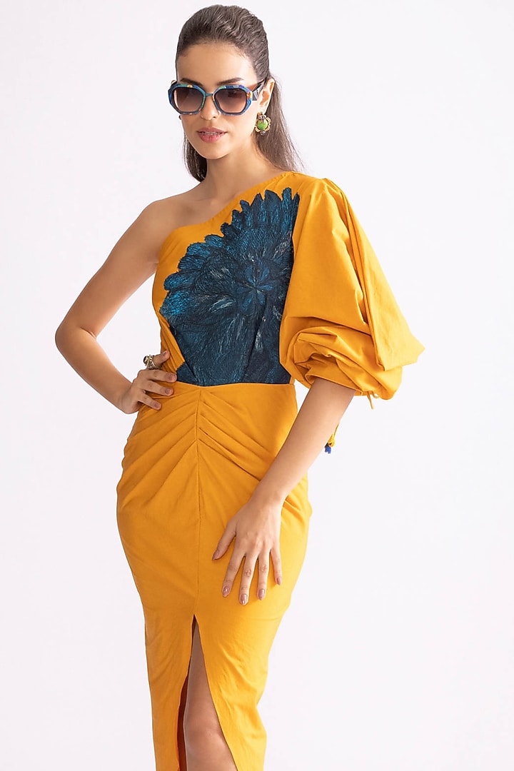 Mustard & Blue Cambric Daisy Printed One-Shoulder Summer Dress by Saaksha & Kinni at Pernia's Pop Up Shop