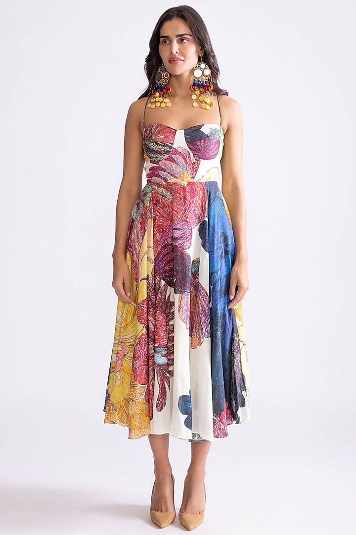 Ivory & Multi-Colored Cambric Daisy Printed Flared Dress by Saaksha & Kinni at Pernia's Pop Up Shop