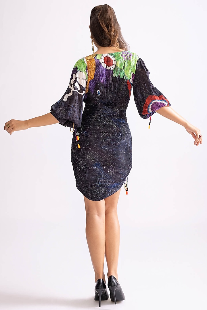 Black & Multi-Colored Habutai Tribal Printed Mini Overlap Vacation Dress by Saaksha & Kinni at Pernia's Pop Up Shop