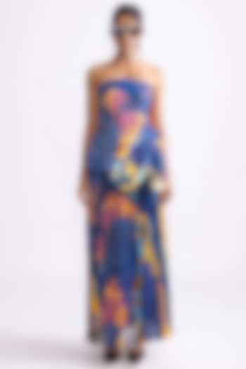 Blue & Multi-Colored Chiffon Hand Micro Pleated Daisy Printed Skirt Set by Saaksha & Kinni at Pernia's Pop Up Shop