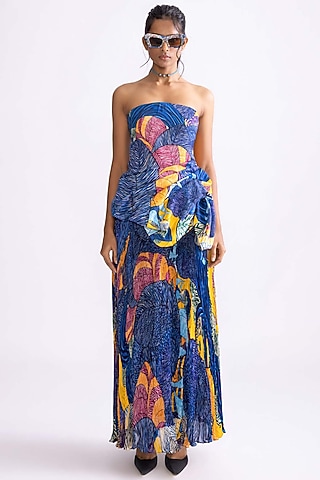 Blue & Multi-Colored Chiffon Hand Micro Pleated Daisy Printed Skirt Set by Saaksha & Kinni